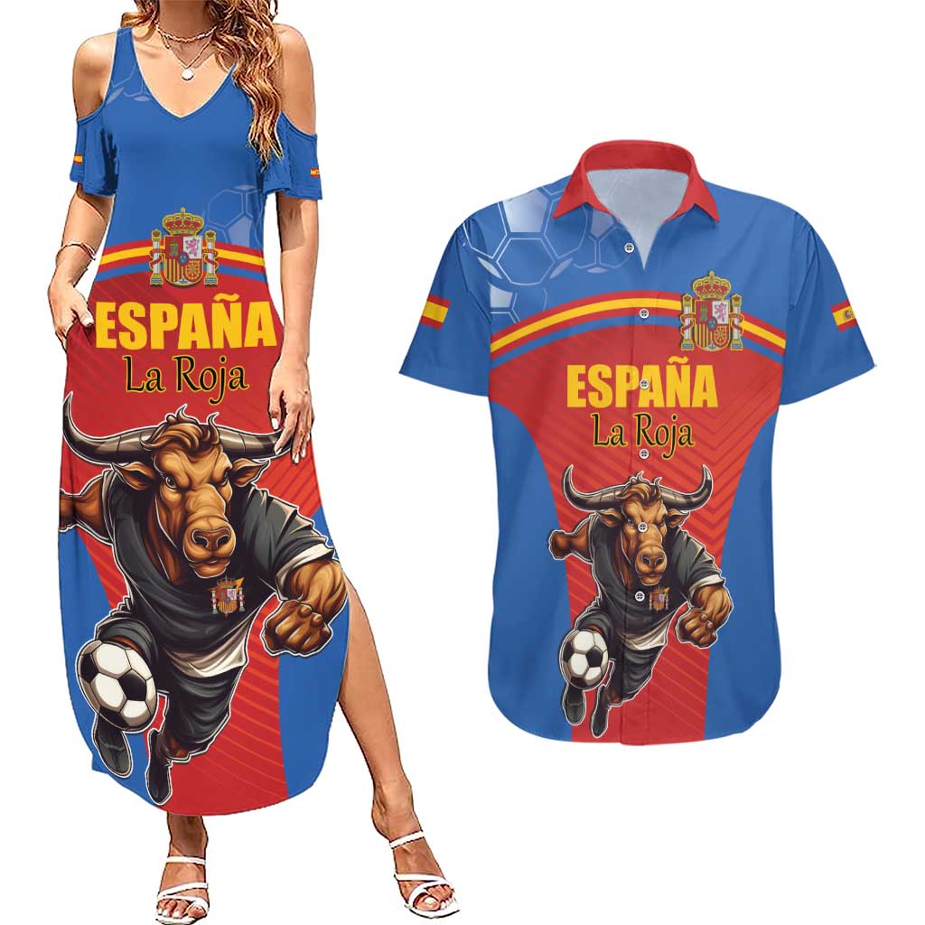 Custom Spain Football Go Champions Couples Matching Summer Maxi Dress and Hawaiian Shirt Sporty Style with Bull Mascot