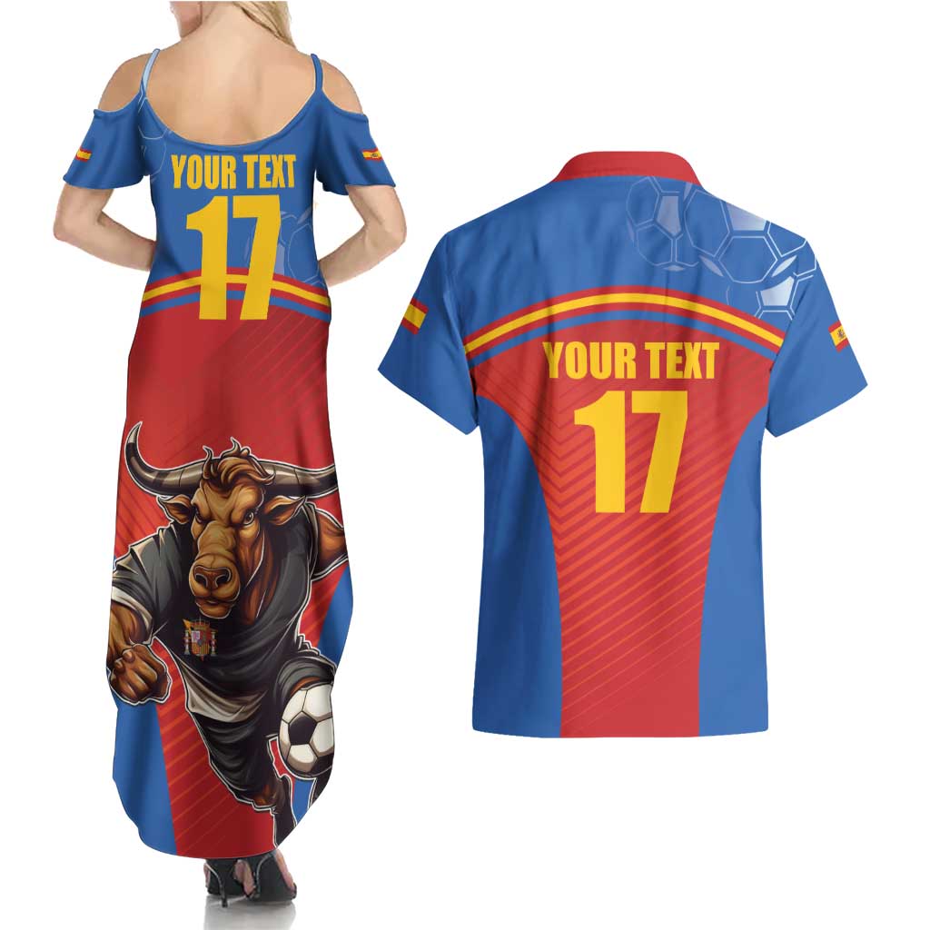 Custom Spain Football Go Champions Couples Matching Summer Maxi Dress and Hawaiian Shirt Sporty Style with Bull Mascot