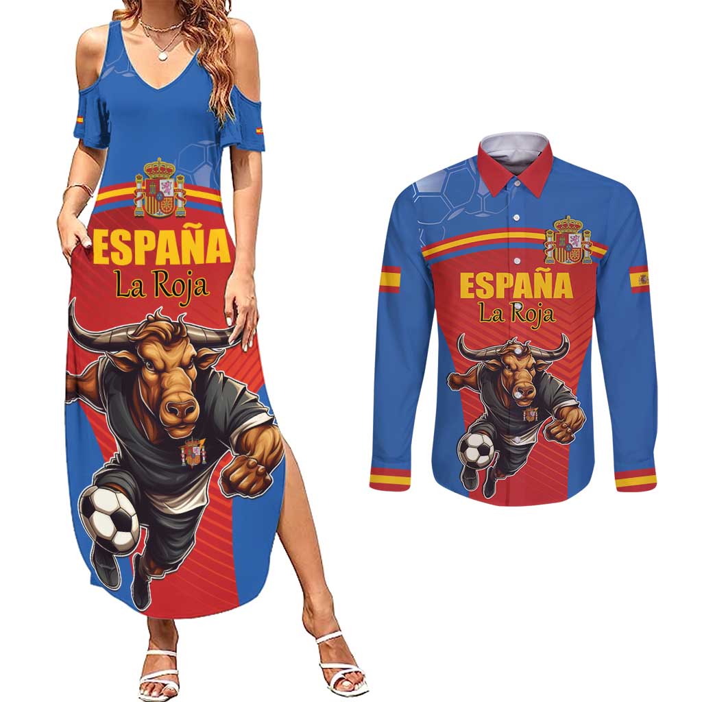Custom Spain Football Go Champions Couples Matching Summer Maxi Dress and Long Sleeve Button Shirt Sporty Style with Bull Mascot