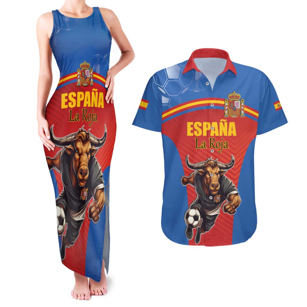 Custom Spain Football Go Champions Couples Matching Tank Maxi Dress and Hawaiian Shirt Sporty Style with Bull Mascot