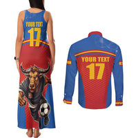 Custom Spain Football Go Champions Couples Matching Tank Maxi Dress and Long Sleeve Button Shirt Sporty Style with Bull Mascot