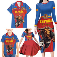 Custom Spain Football Go Champions Family Matching Long Sleeve Bodycon Dress and Hawaiian Shirt Sporty Style with Bull Mascot