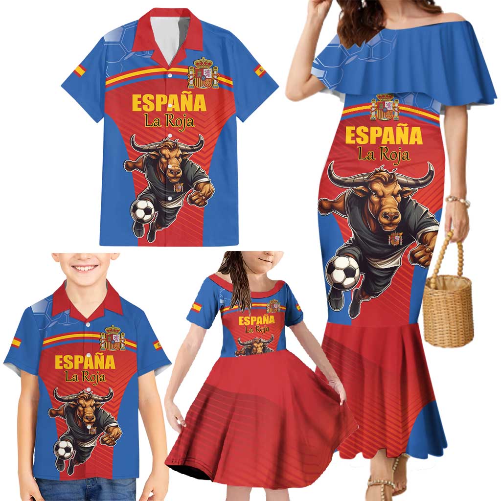 Custom Spain Football Go Champions Family Matching Mermaid Dress and Hawaiian Shirt Sporty Style with Bull Mascot