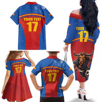 Custom Spain Football Go Champions Family Matching Off The Shoulder Long Sleeve Dress and Hawaiian Shirt Sporty Style with Bull Mascot