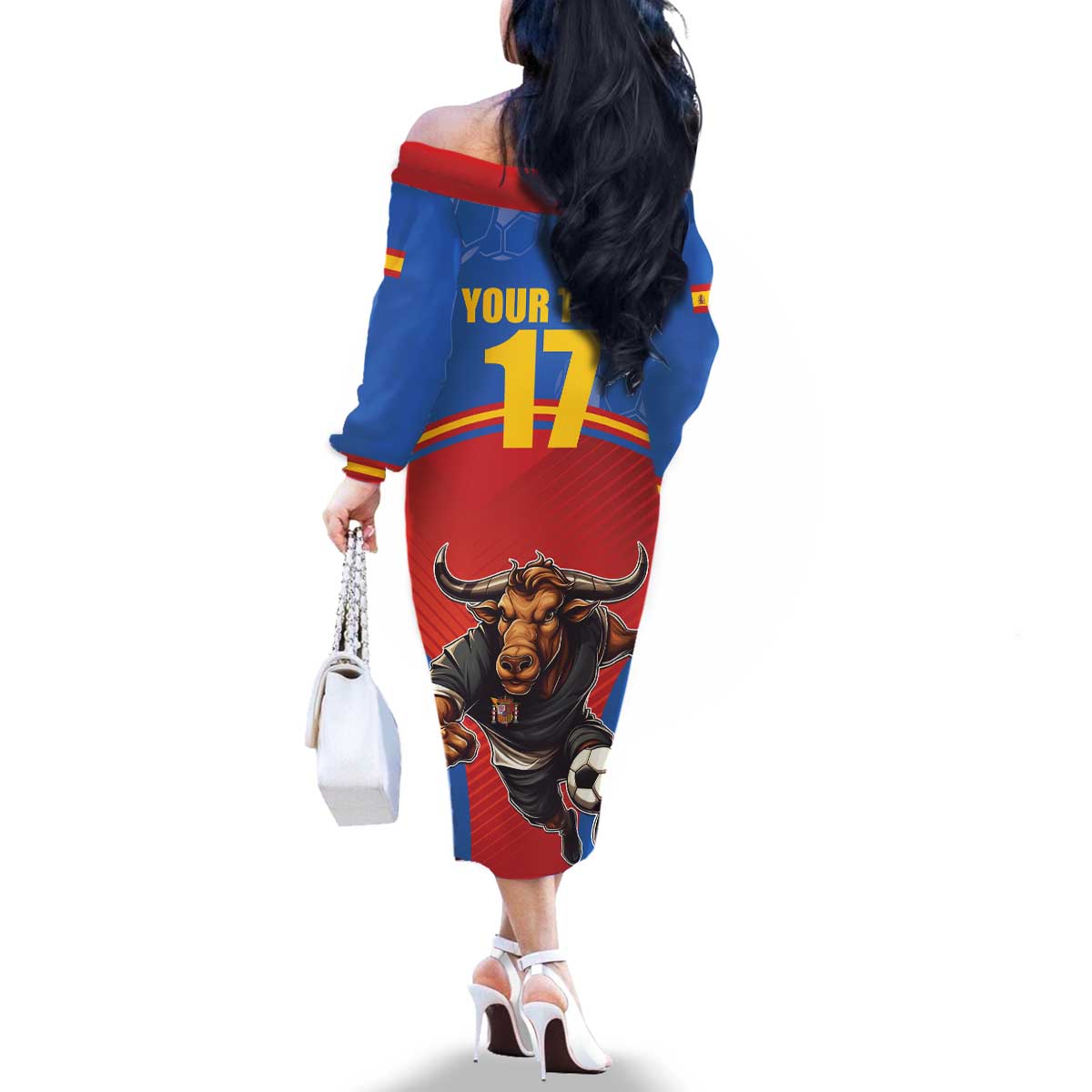 Custom Spain Football Go Champions Family Matching Off The Shoulder Long Sleeve Dress and Hawaiian Shirt Sporty Style with Bull Mascot
