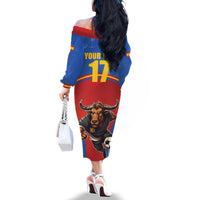 Custom Spain Football Go Champions Family Matching Off The Shoulder Long Sleeve Dress and Hawaiian Shirt Sporty Style with Bull Mascot