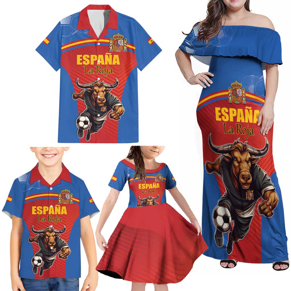 Custom Spain Football Go Champions Family Matching Off Shoulder Maxi Dress and Hawaiian Shirt Sporty Style with Bull Mascot