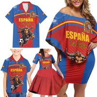 Custom Spain Football Go Champions Family Matching Off Shoulder Short Dress and Hawaiian Shirt Sporty Style with Bull Mascot