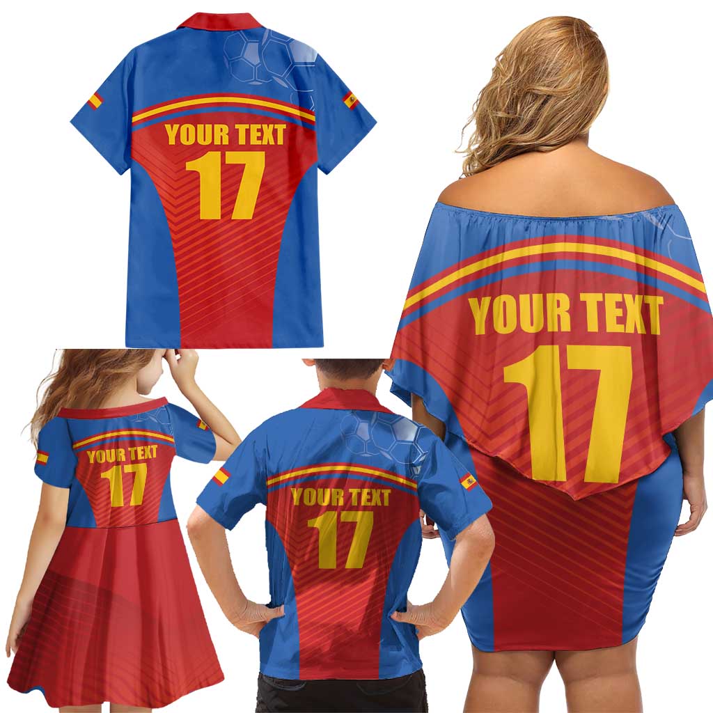 Custom Spain Football Go Champions Family Matching Off Shoulder Short Dress and Hawaiian Shirt Sporty Style with Bull Mascot