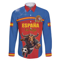 Custom Spain Football Go Champions Family Matching Off Shoulder Short Dress and Hawaiian Shirt Sporty Style with Bull Mascot