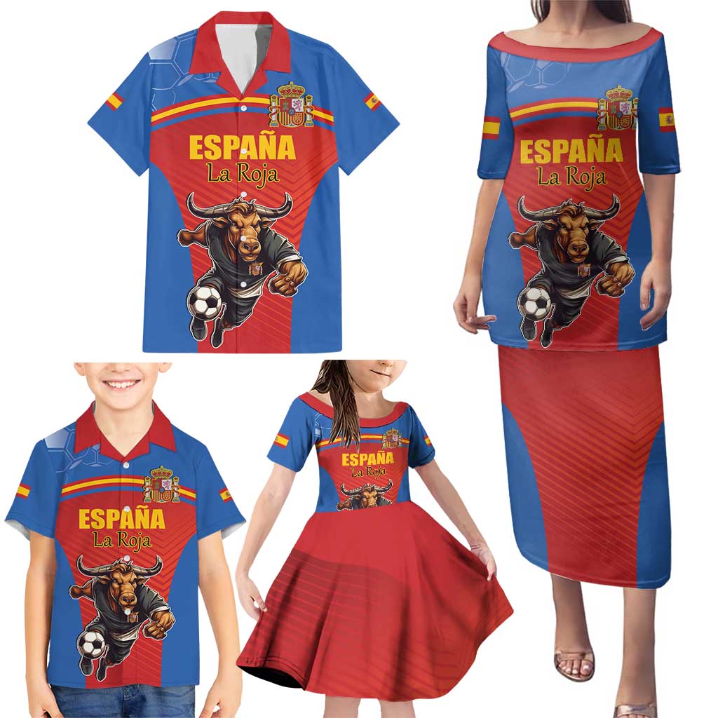 Custom Spain Football Go Champions Family Matching Puletasi and Hawaiian Shirt Sporty Style with Bull Mascot