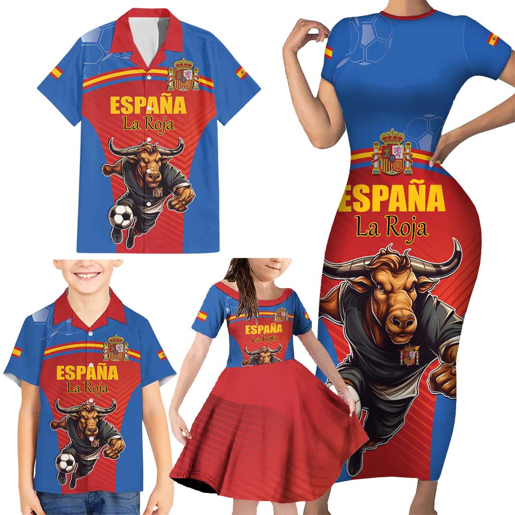 Custom Spain Football Go Champions Family Matching Short Sleeve Bodycon Dress and Hawaiian Shirt Sporty Style with Bull Mascot