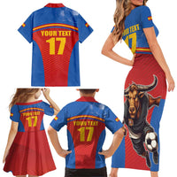 Custom Spain Football Go Champions Family Matching Short Sleeve Bodycon Dress and Hawaiian Shirt Sporty Style with Bull Mascot