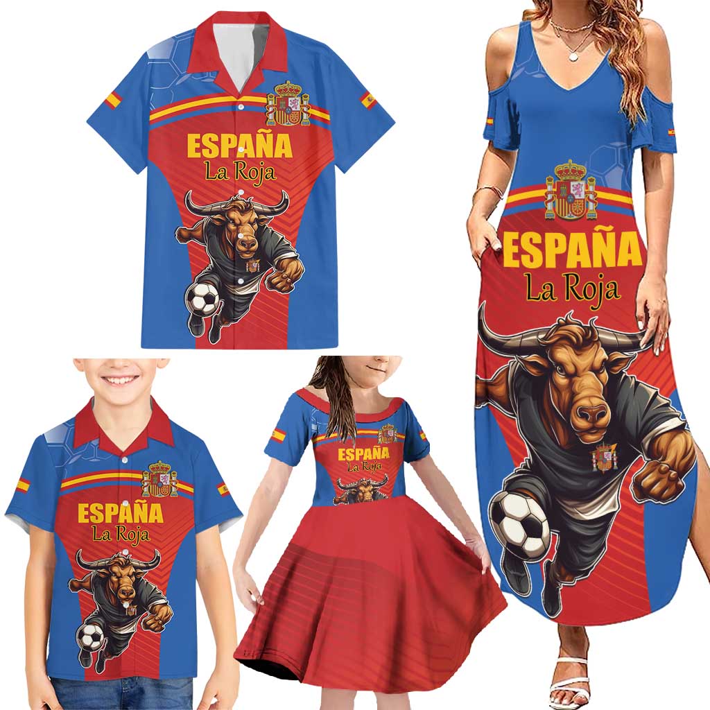 Custom Spain Football Go Champions Family Matching Summer Maxi Dress and Hawaiian Shirt Sporty Style with Bull Mascot