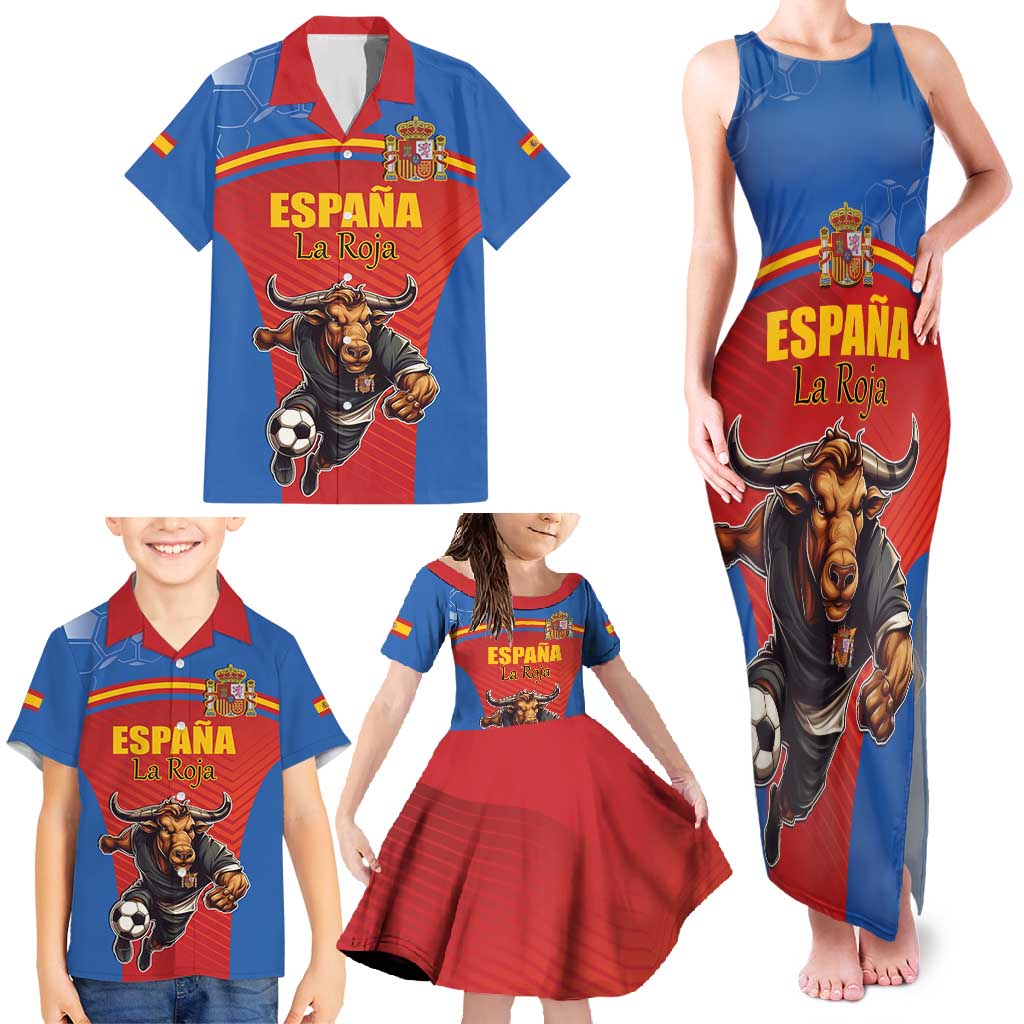Custom Spain Football Go Champions Family Matching Tank Maxi Dress and Hawaiian Shirt Sporty Style with Bull Mascot