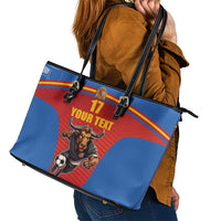 Custom Spain Football Go Champions Leather Tote Bag Sporty Style with Bull Mascot