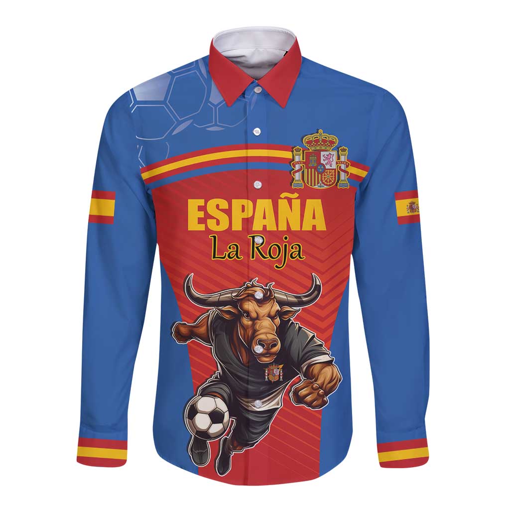 Custom Spain Football Go Champions Long Sleeve Button Shirt Sporty Style with Bull Mascot