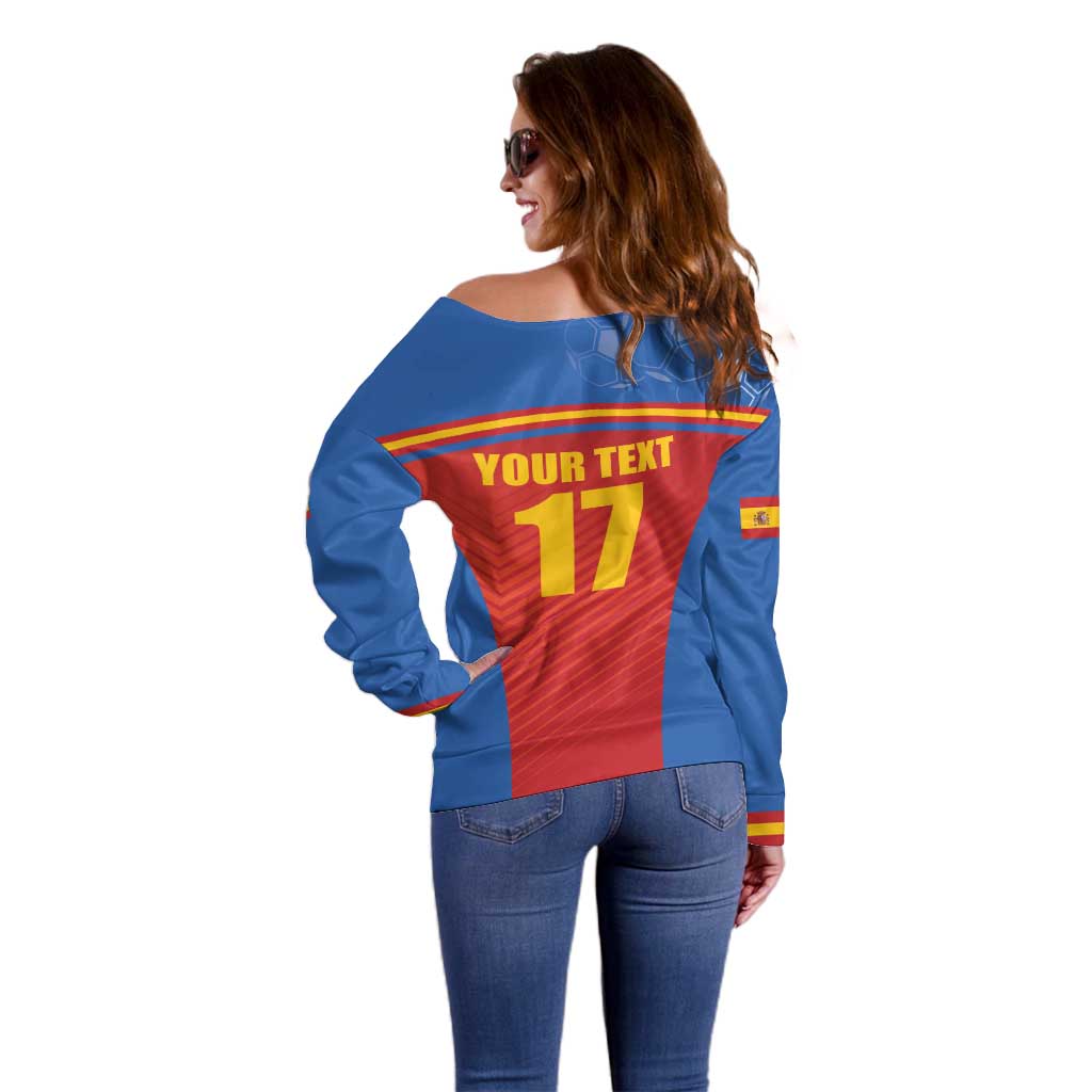 Custom Spain Football Go Champions Off Shoulder Sweater Sporty Style with Bull Mascot