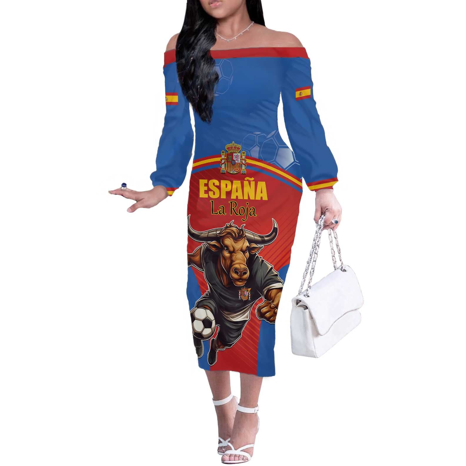 Custom Spain Football Go Champions Off The Shoulder Long Sleeve Dress Sporty Style with Bull Mascot
