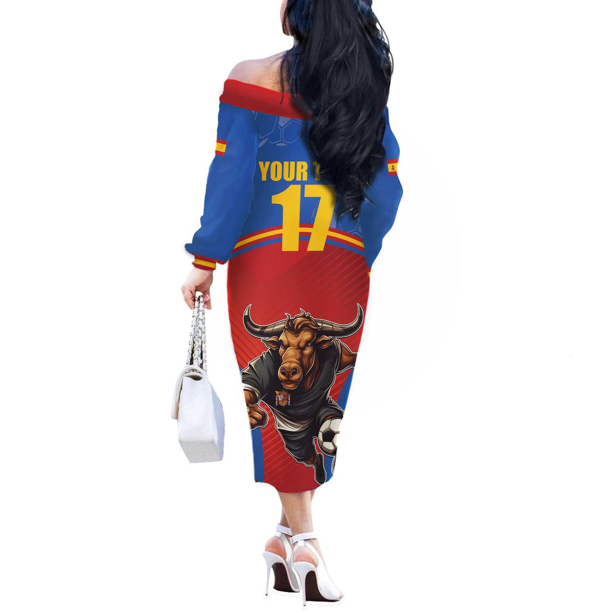 Custom Spain Football Go Champions Off The Shoulder Long Sleeve Dress Sporty Style with Bull Mascot
