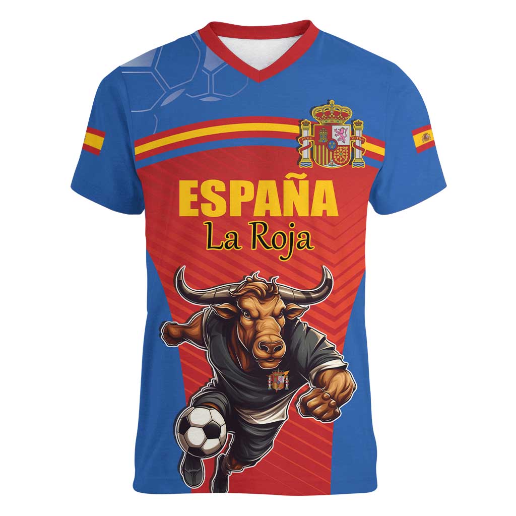 Custom Spain Football Go Champions Women V-Neck T-Shirt Sporty Style with Bull Mascot