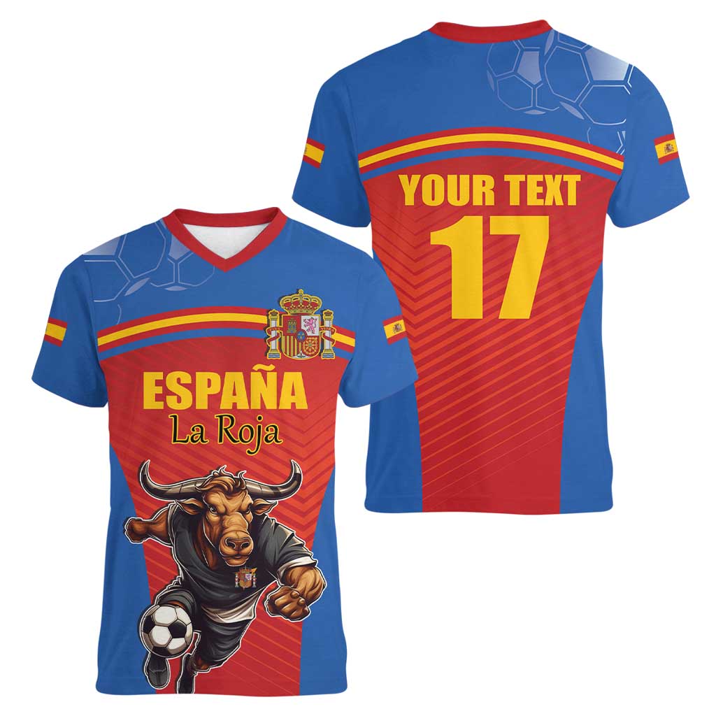 Custom Spain Football Go Champions Women V-Neck T-Shirt Sporty Style with Bull Mascot