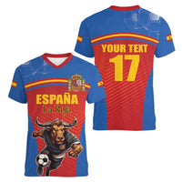 Custom Spain Football Go Champions Women V-Neck T-Shirt Sporty Style with Bull Mascot