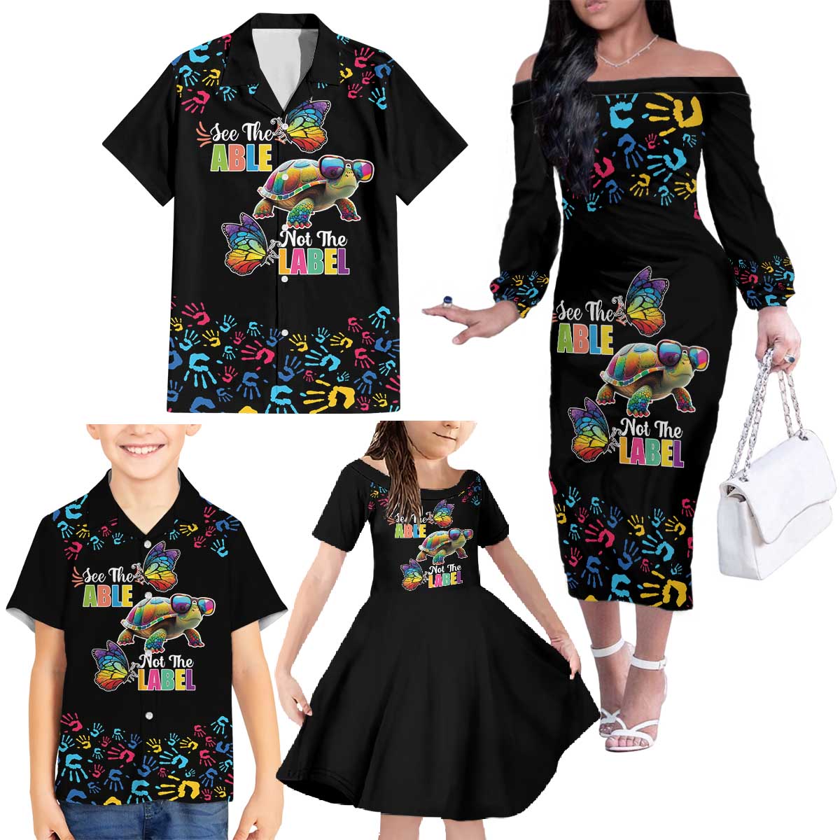 Autism Awareness Month Neurodiversity Family Matching Off The Shoulder Long Sleeve Dress and Hawaiian Shirt 2nd April See The Able Not The Label