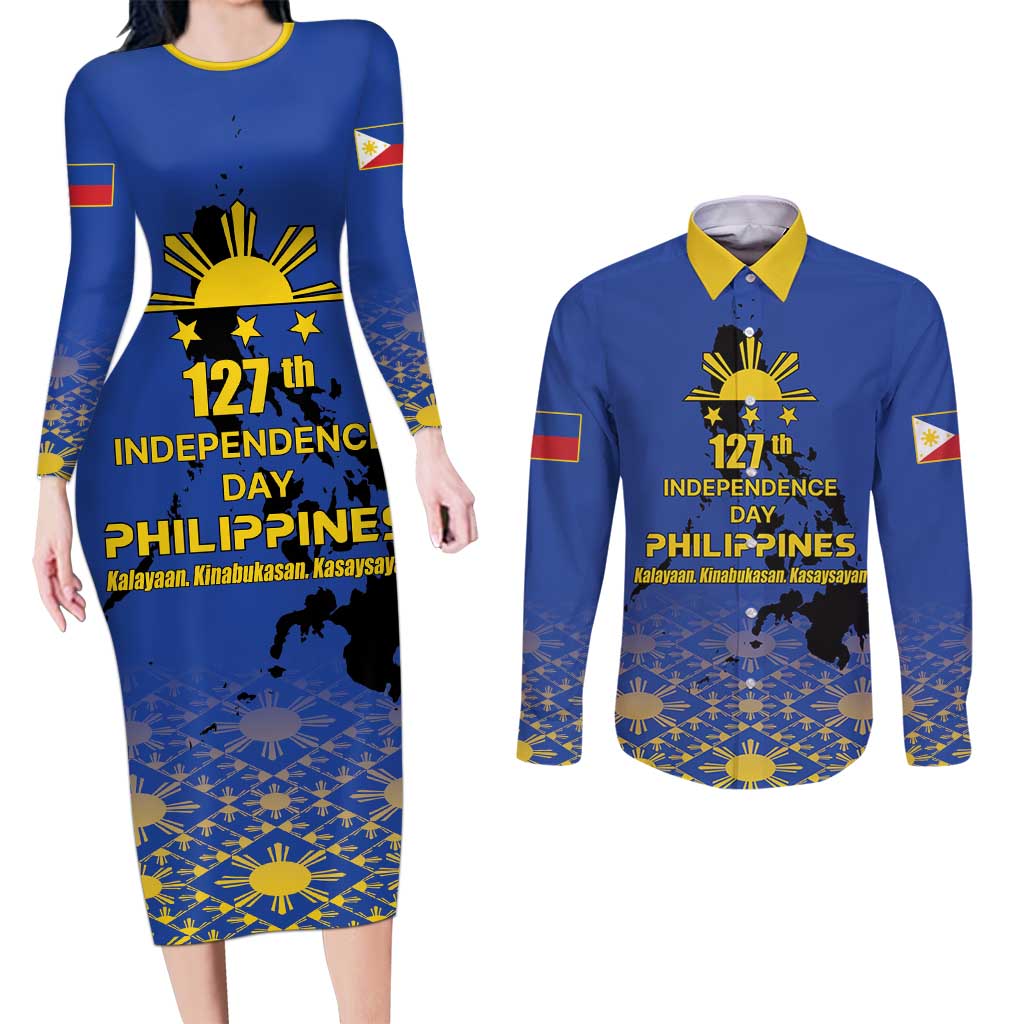 Philippines Independence Day Couples Matching Long Sleeve Bodycon Dress and Long Sleeve Button Shirt Kalayaan Kinabukasan Kasaysayan