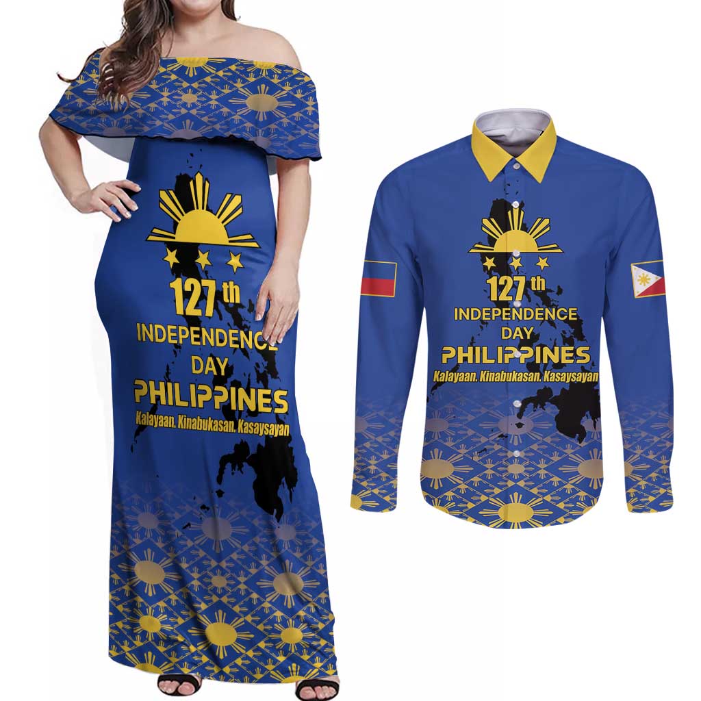 Philippines Independence Day Couples Matching Off Shoulder Maxi Dress and Long Sleeve Button Shirt Kalayaan Kinabukasan Kasaysayan