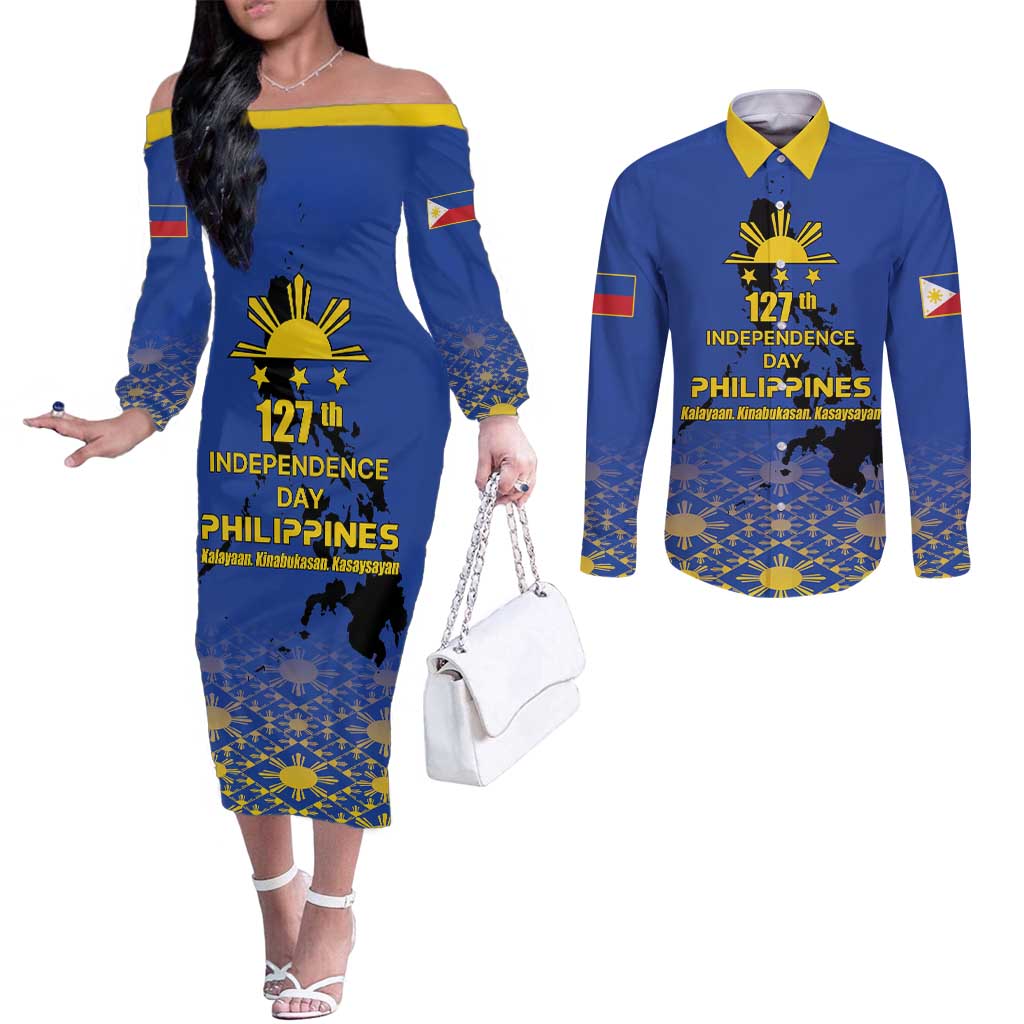 Philippines Independence Day Couples Matching Off The Shoulder Long Sleeve Dress and Long Sleeve Button Shirt Kalayaan Kinabukasan Kasaysayan
