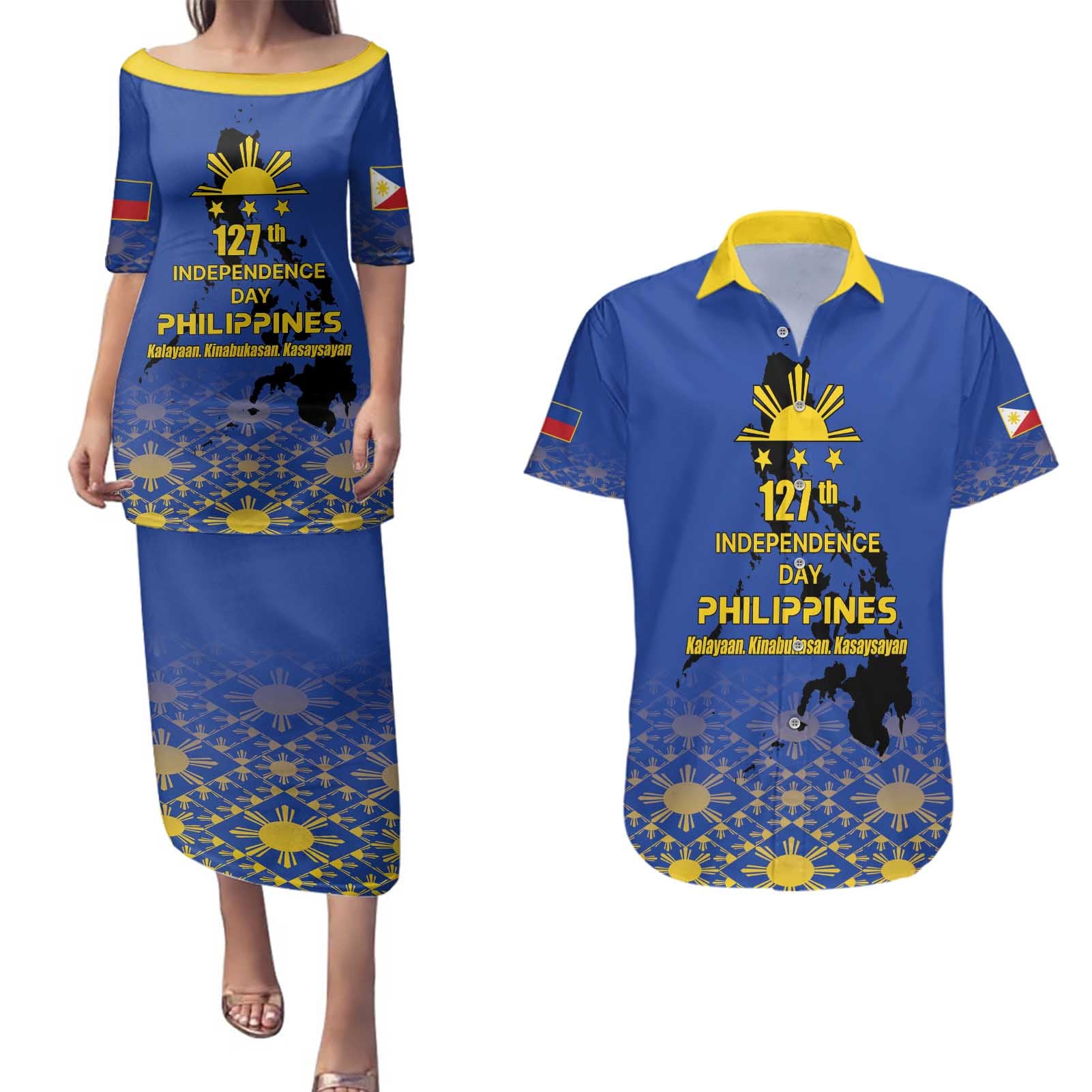 Philippines Independence Day Couples Matching Puletasi and Hawaiian Shirt Kalayaan Kinabukasan Kasaysayan