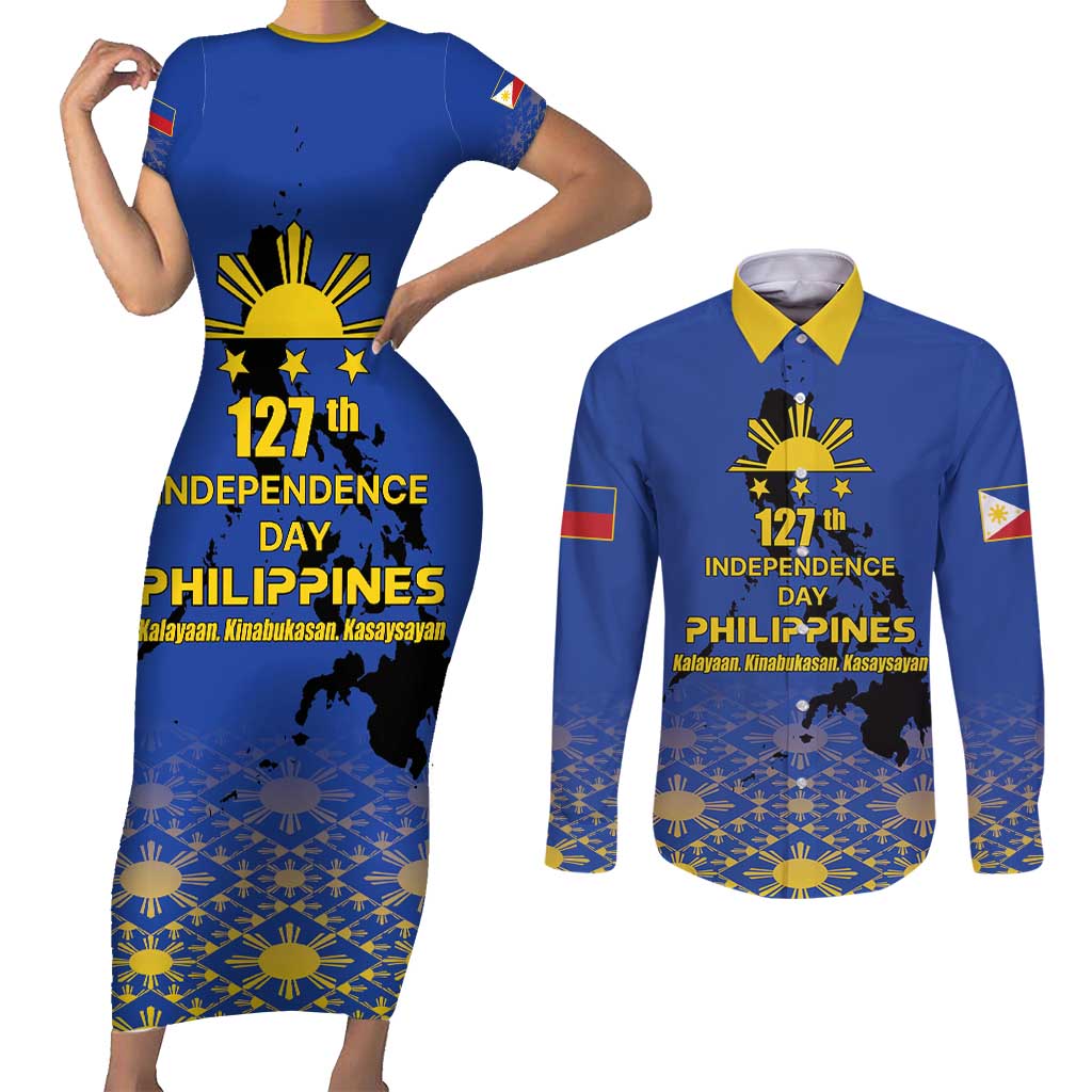 Philippines Independence Day Couples Matching Short Sleeve Bodycon Dress and Long Sleeve Button Shirt Kalayaan Kinabukasan Kasaysayan