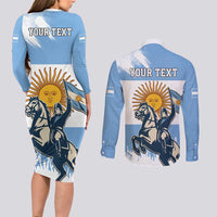 Personalized Argentina Flag Day 20th June Couples Matching Long Sleeve Bodycon Dress and Long Sleeve Button Shirt Manuel Belgrano
