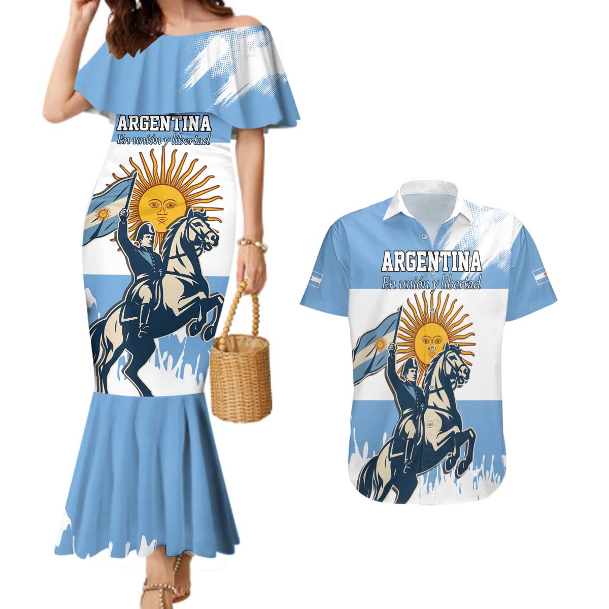 Personalized Argentina Flag Day 20th June Couples Matching Mermaid Dress and Hawaiian Shirt Manuel Belgrano