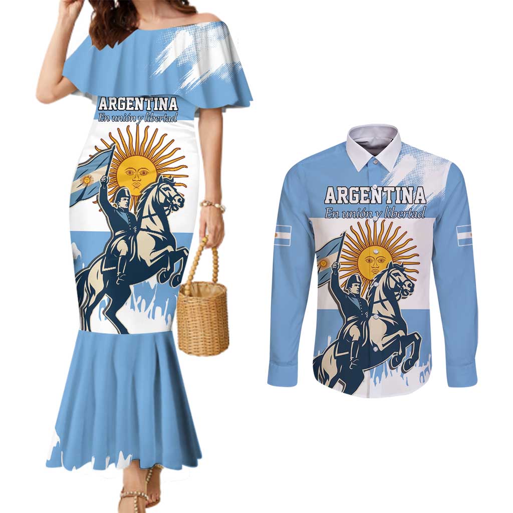 Personalized Argentina Flag Day 20th June Couples Matching Mermaid Dress and Long Sleeve Button Shirt Manuel Belgrano