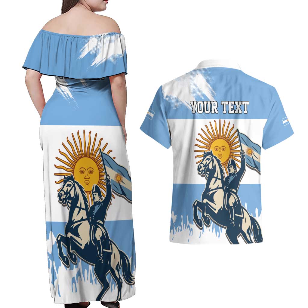 Personalized Argentina Flag Day 20th June Couples Matching Off Shoulder Maxi Dress and Hawaiian Shirt Manuel Belgrano