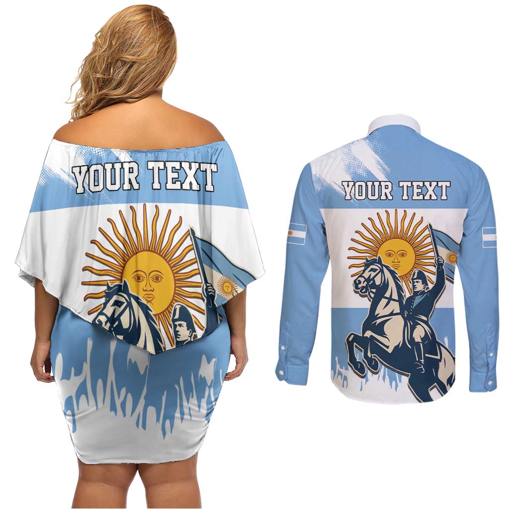 Personalized Argentina Flag Day 20th June Couples Matching Off Shoulder Short Dress and Long Sleeve Button Shirt Manuel Belgrano