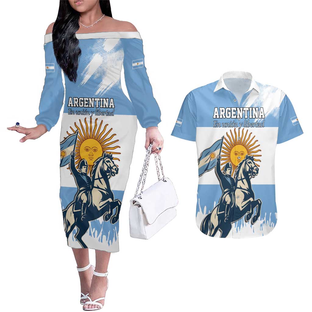 Personalized Argentina Flag Day 20th June Couples Matching Off The Shoulder Long Sleeve Dress and Hawaiian Shirt Manuel Belgrano