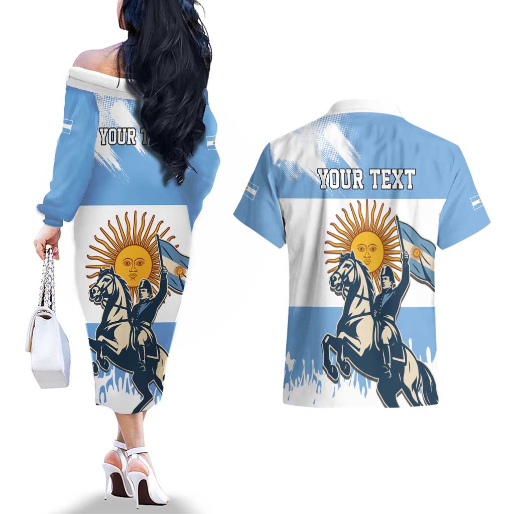 Personalized Argentina Flag Day 20th June Couples Matching Off The Shoulder Long Sleeve Dress and Hawaiian Shirt Manuel Belgrano