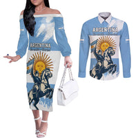 Personalized Argentina Flag Day 20th June Couples Matching Off The Shoulder Long Sleeve Dress and Long Sleeve Button Shirt Manuel Belgrano