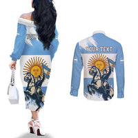 Personalized Argentina Flag Day 20th June Couples Matching Off The Shoulder Long Sleeve Dress and Long Sleeve Button Shirt Manuel Belgrano