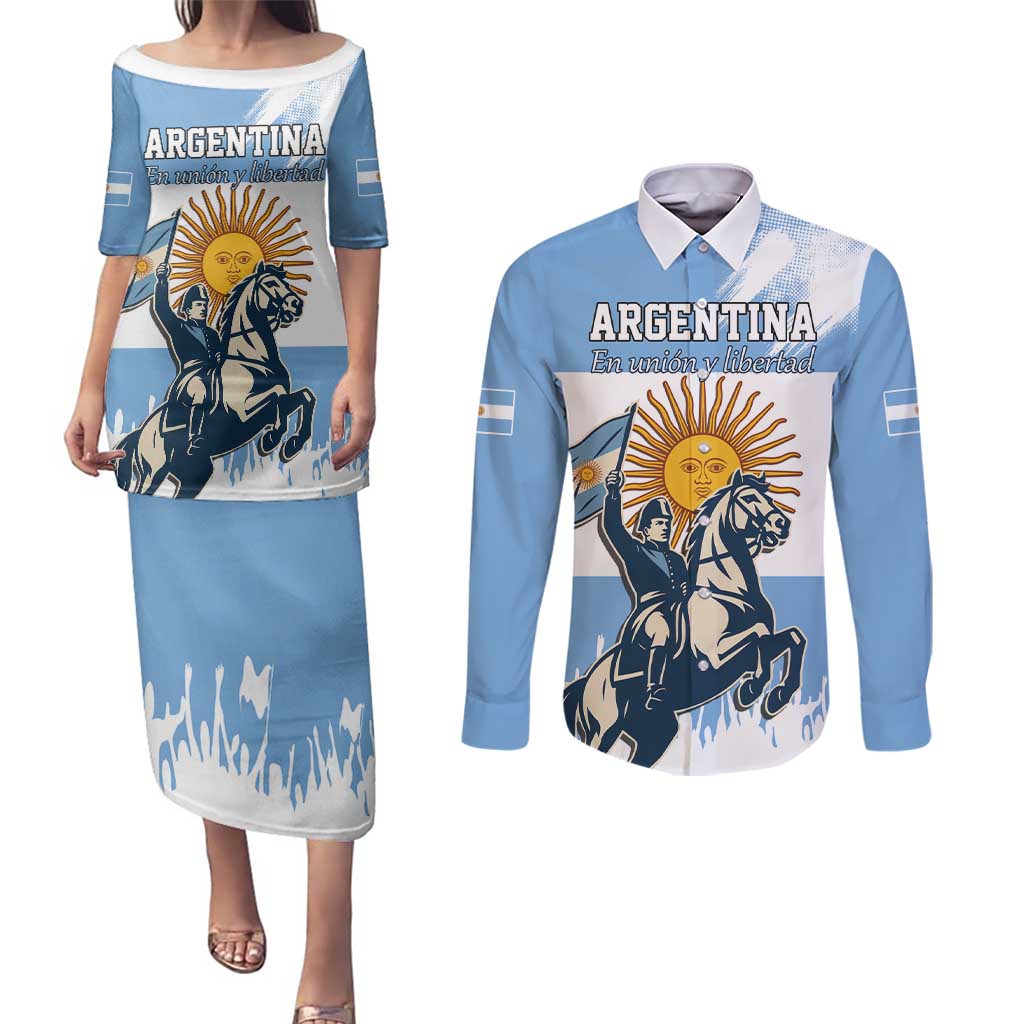 Personalized Argentina Flag Day 20th June Couples Matching Puletasi and Long Sleeve Button Shirt Manuel Belgrano