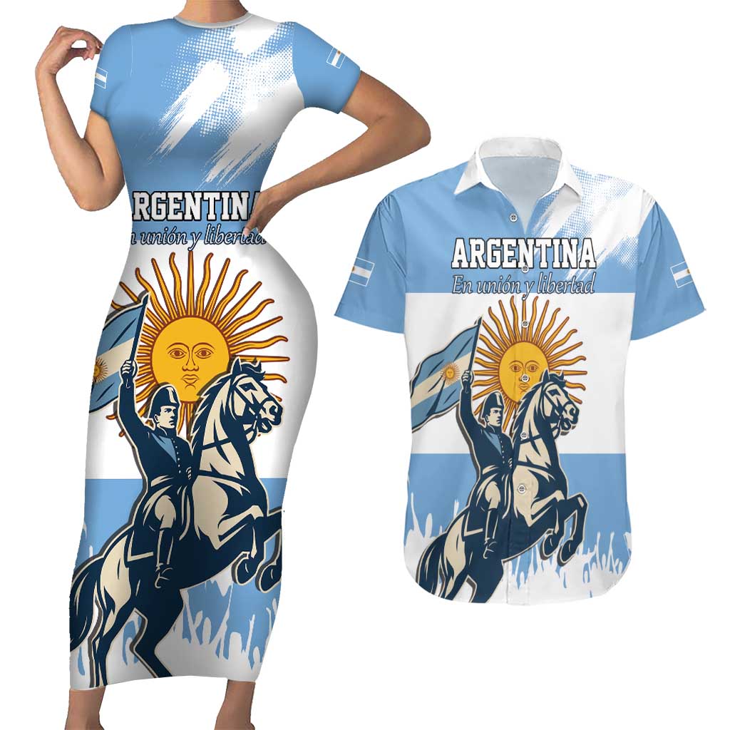 Personalized Argentina Flag Day 20th June Couples Matching Short Sleeve Bodycon Dress and Hawaiian Shirt Manuel Belgrano