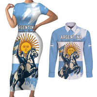 Personalized Argentina Flag Day 20th June Couples Matching Short Sleeve Bodycon Dress and Long Sleeve Button Shirt Manuel Belgrano