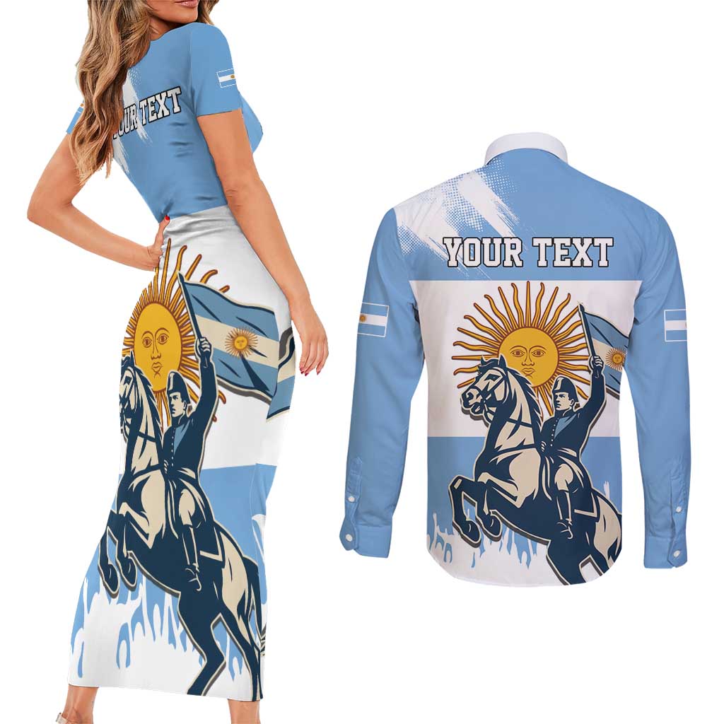 Personalized Argentina Flag Day 20th June Couples Matching Short Sleeve Bodycon Dress and Long Sleeve Button Shirt Manuel Belgrano