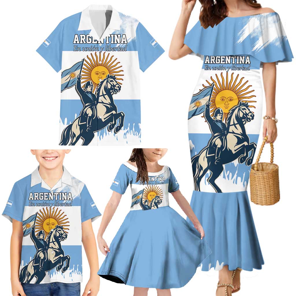 Personalized Argentina Flag Day 20th June Family Matching Mermaid Dress and Hawaiian Shirt Manuel Belgrano
