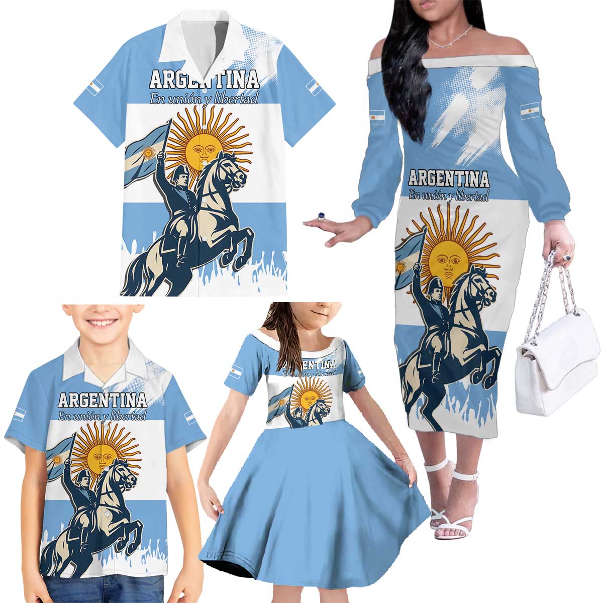 Personalized Argentina Flag Day 20th June Family Matching Off The Shoulder Long Sleeve Dress and Hawaiian Shirt Manuel Belgrano