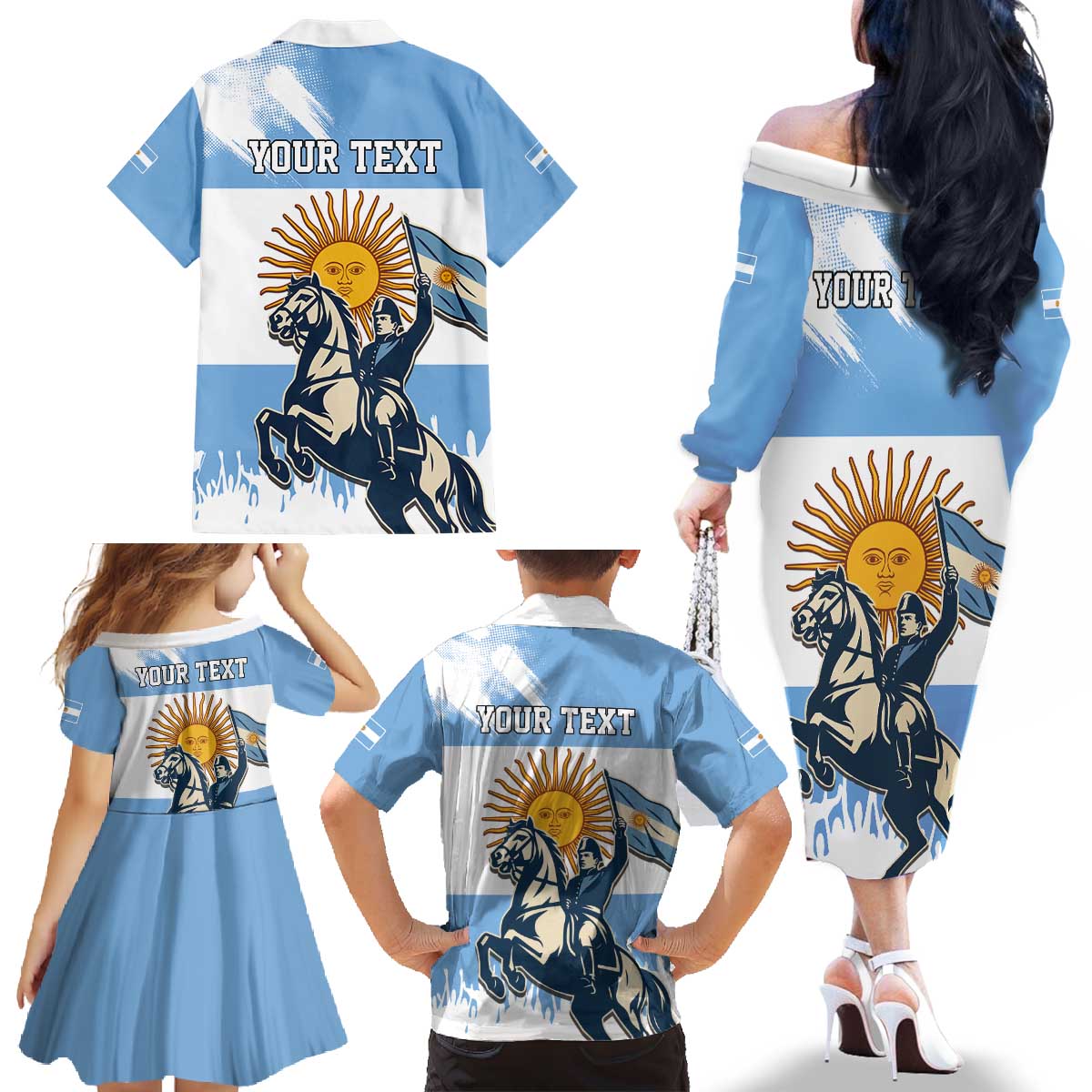 Personalized Argentina Flag Day 20th June Family Matching Off The Shoulder Long Sleeve Dress and Hawaiian Shirt Manuel Belgrano