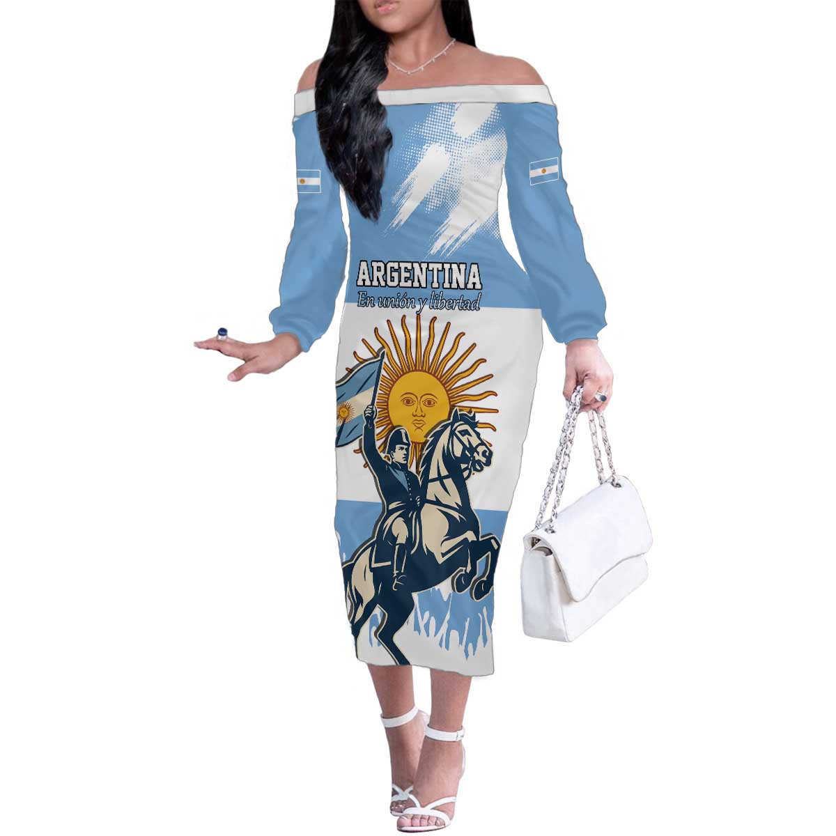 Personalized Argentina Flag Day 20th June Family Matching Off The Shoulder Long Sleeve Dress and Hawaiian Shirt Manuel Belgrano